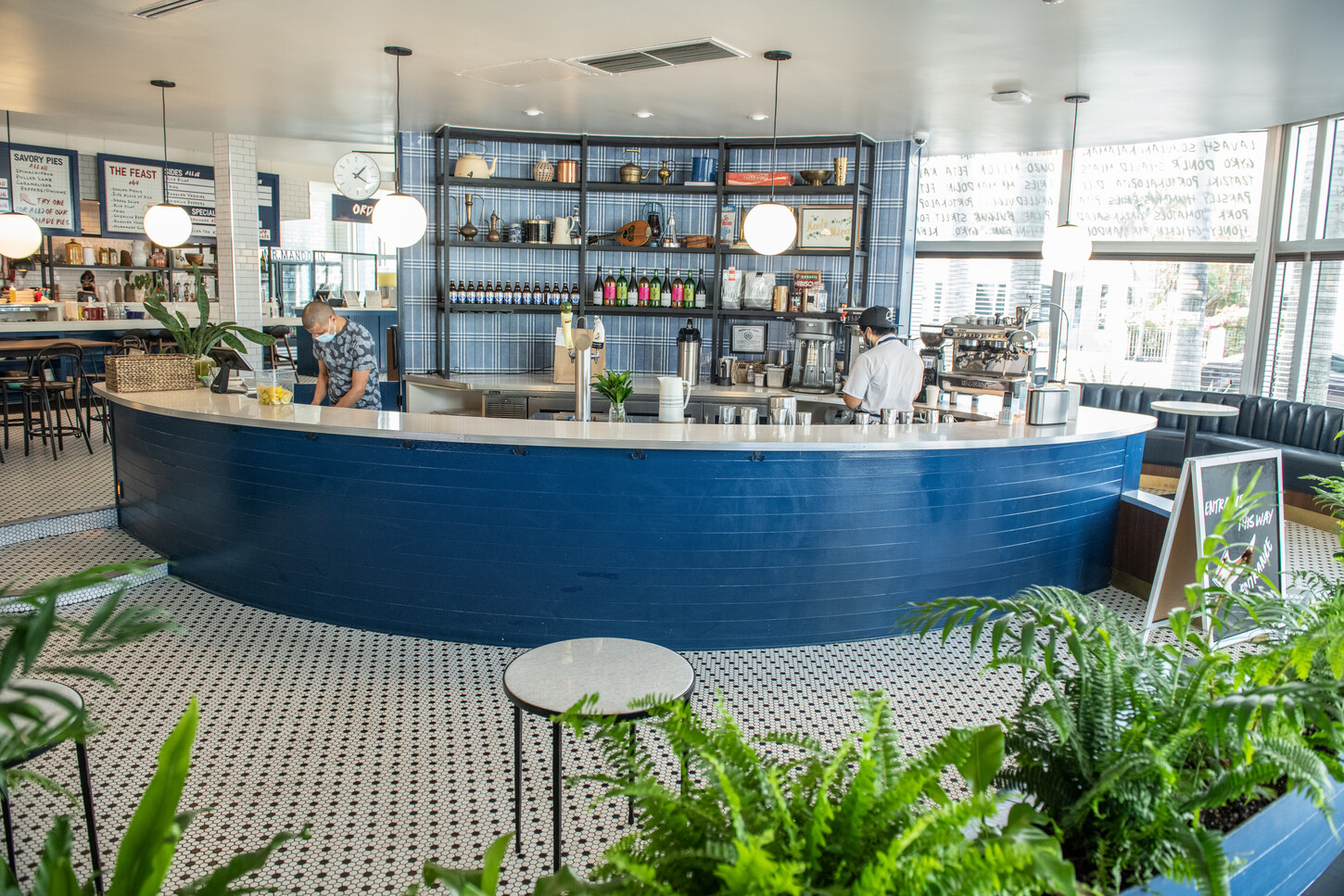 Curved bar with floating planters and open shelving detail