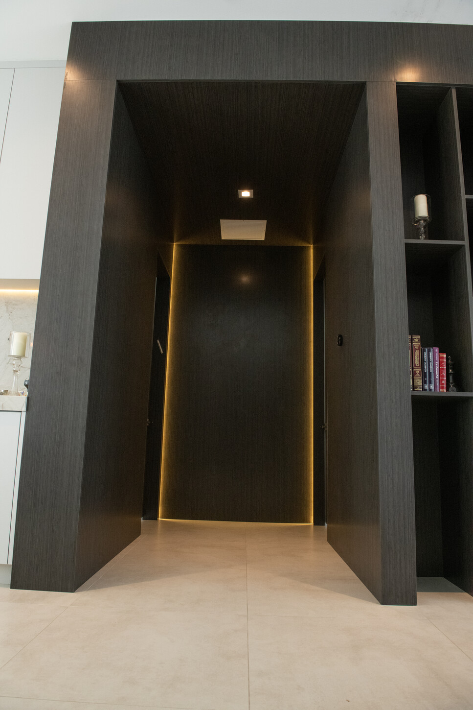 Flush panel dark wood pivot entry door with hidden hinges and matching veneer grain, Weston Botanico residence