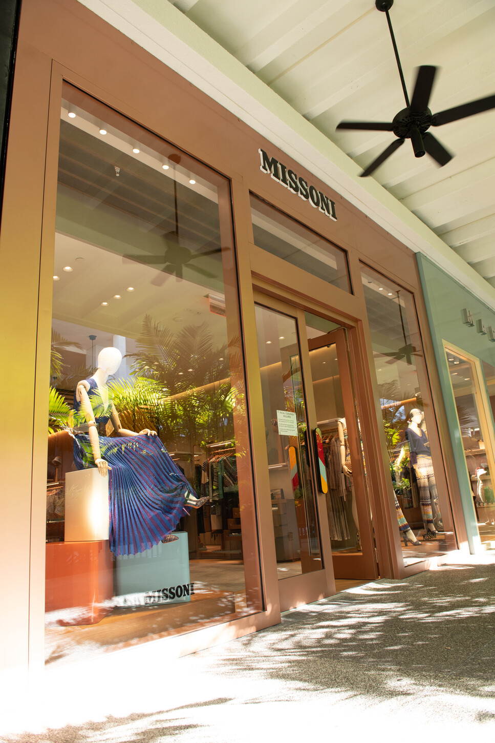 Angled view of the Missoni storefront entrance and custom signage design