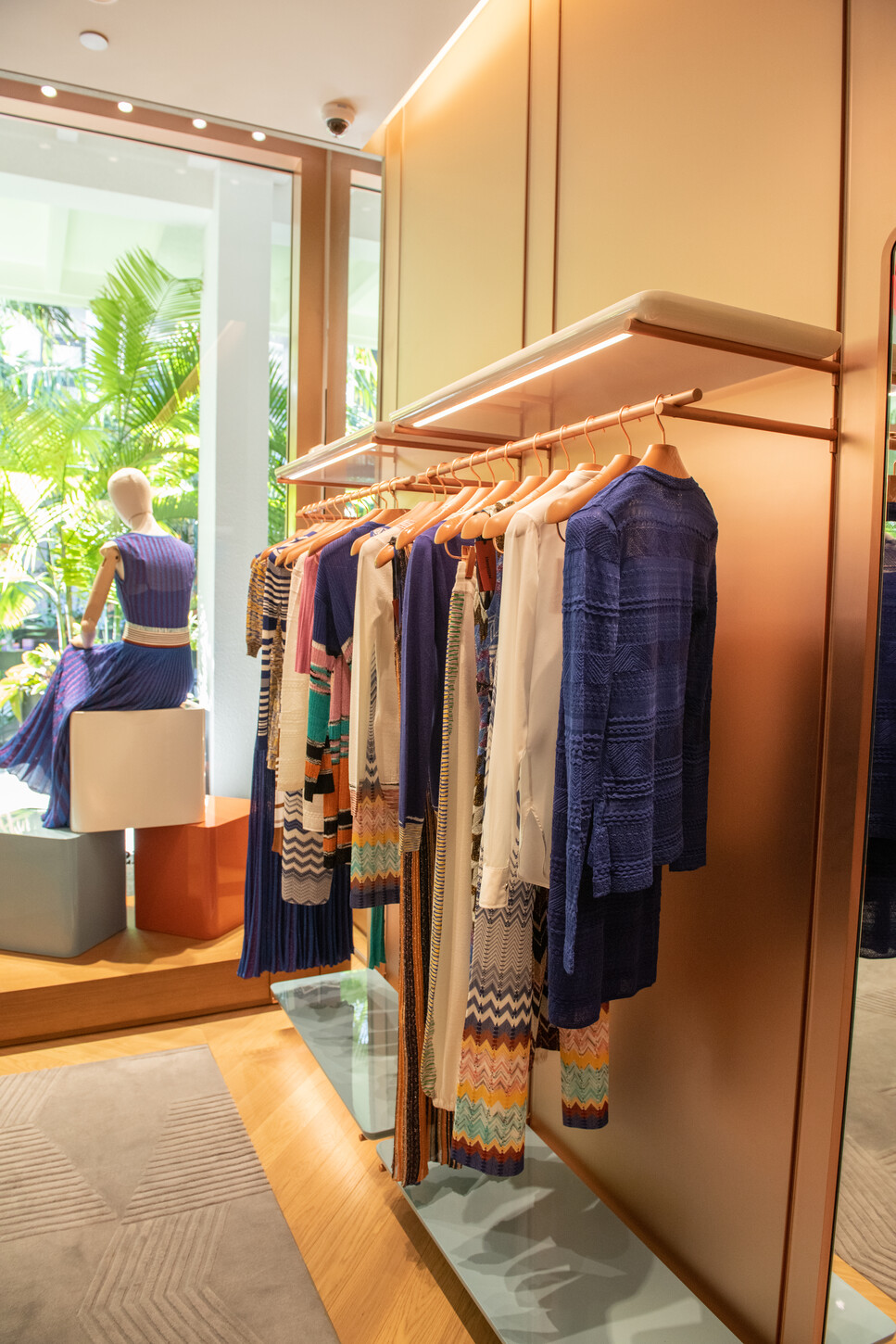 Geometric wood slat entryway wall inside the Missoni boutique retail fit-out