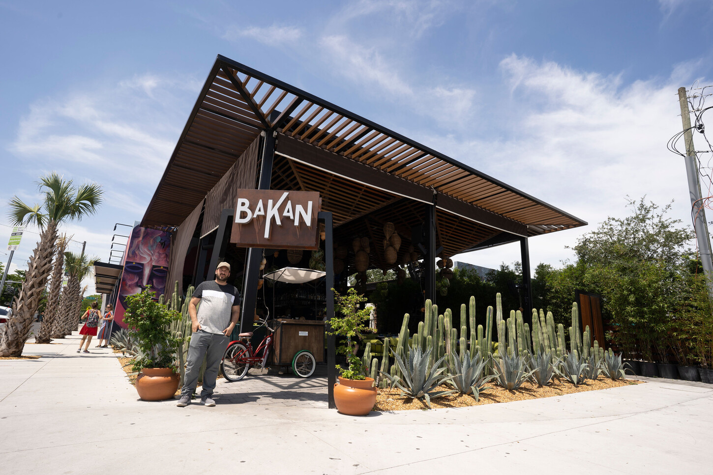 Custom wood slat pergola at the entrance of Bakan Wynwood restaurant in Miami