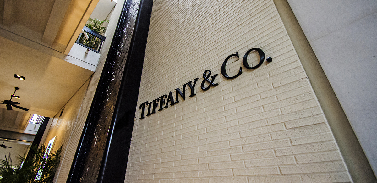 Tiffany storefront brick wall with dimensional sign detail at Bal Harbour Shops
